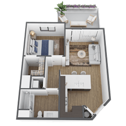 a 3d floor plan of a home with a bedroom and a living room
