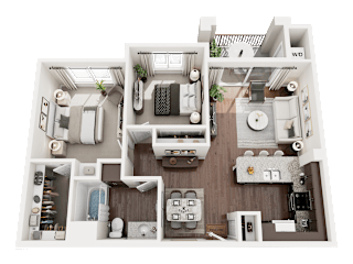 3D Rendered Floor Plan of Turtle Creek 2 Bedroom 1 Bathroom Apartment Home