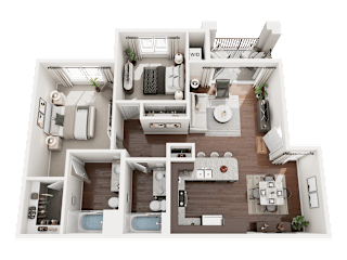 3D Rendered Floor Plan of Turtle Creek 2 Bedroom 2 Bathroom Apartment Home