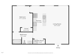 A floor plan of a small apartment with a living room, kitchen, bathroom, bedroom, closet, and laundry room.