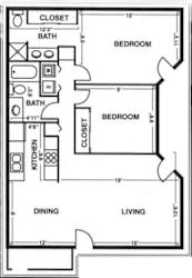 2D floorplan of 2 bedroom and 2 bath at Sundial Apartments, Wilsonville, 97070