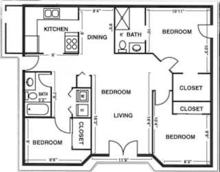 2D bedroom of 3 bedroom and 2 bathroom at Sundial Apartments, Wilsonville