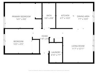A floor plan for a home with a primary bedroom, bathroom, kitchen, dining area, foyer, laundry, and living room.