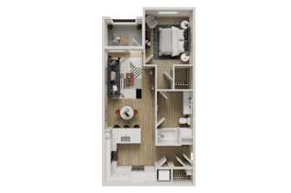 A detailed 3D floor plan of a small apartment.