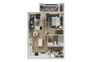 A 3D floor plan of a small apartment with a kitchen, living room, and bathroom.