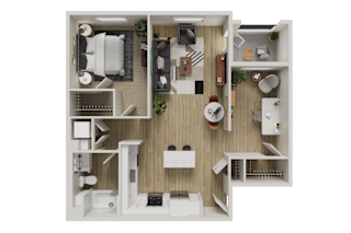 A top-down view of a small apartment with a kitchen, living room, and bedroom.