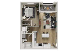A detailed floor plan of a small apartment with a kitchen, living room, and bedroom.