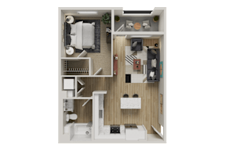 A detailed 3D floor plan of a small apartment with a kitchen, living room, and bathroom.