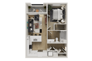 A 3D floor plan of a small apartment with a kitchen, living room, and bathroom.