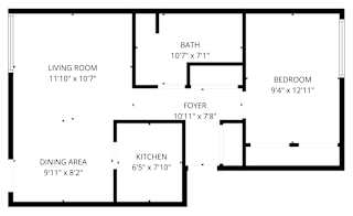 A floor plan of a house with a living room, dining area, kitchen, bedroom, bathroom and foyer.