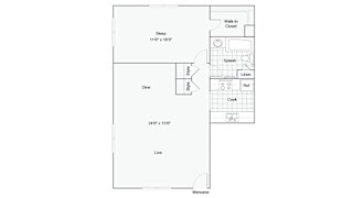 A floor plan of a room with a sleeping area, dining area, and living area.