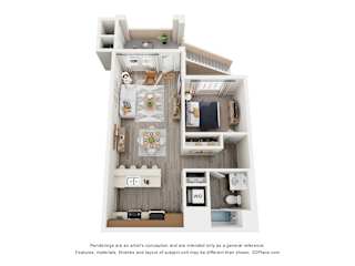 A 3D floor plan of a small apartment with a kitchen, living room, and bathroom.