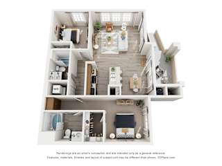 A 3D floor plan of a house with rooms labeled.