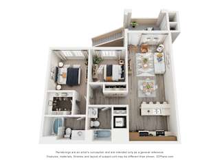 A 3D floor plan of a small apartment with a kitchen, living room, and bathroom.
