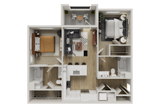 A 3D floor plan of a small apartment with a kitchen, living room, and bathroom.