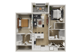 A 3D floor plan of a small apartment with a kitchen, living room, and bathroom.