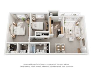 A 3D floor plan of a 2 bedroom apartment