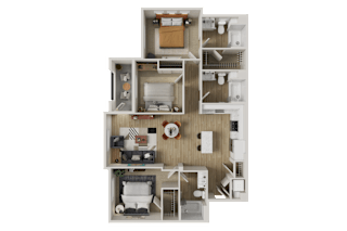 A 3D floor plan of a house with a kitchen, living room, and two bedrooms.