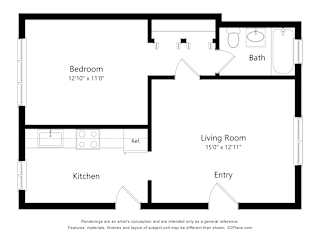 A black and white image of a floor plan for a small apartment.