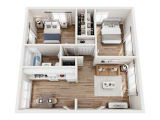 A top-down view of a small apartment with a bedroom, living room, and kitchen.