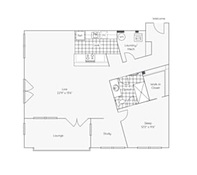 A floor plan of a house with a lounge, study, sleeping area, and a kitchen with a reference and wash area.