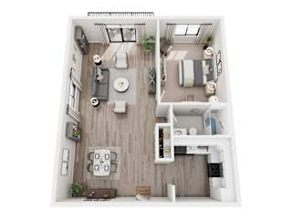A top-down view of a small apartment with a kitchen, living room, and bedroom.