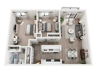 A top-down view of a small apartment with a kitchen, living room, and bedroom.