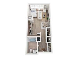 A top down view of a small apartment with a bedroom, bathroom, kitchen and living room.