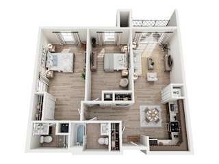 A top-down view of a small apartment layout with a kitchen, living room, and bathroom.