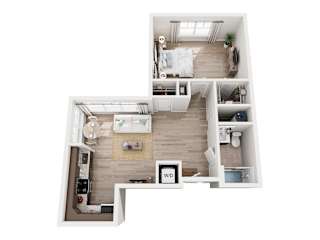 A top-down view of a small apartment with a living room, kitchen, and bedroom.