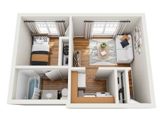 A top-down view of a small apartment with a bedroom, living room, and kitchen.