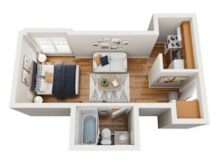 A top down view of a small apartment with a kitchen, living room, and bathroom.