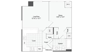1 bedroom 1 bath floor plan C at Arrive Wheaton, Wheaton, MD