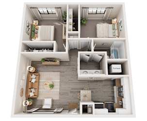A top-down view of a well-organized apartment with a living room, kitchen, and bathroom.