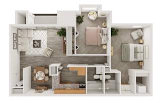 3D floorplan of a 2 bedroom apartment