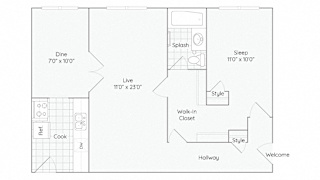 35-2D-1Bed-1Bath-708-2D Floor Plan at The Bryant at Oak Park I & II, Illinois
