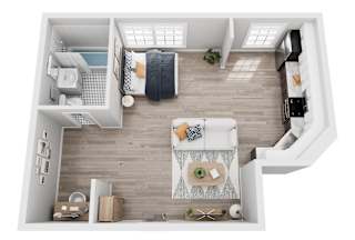 A top-down view of a modern, minimalist living space with a kitchen area.