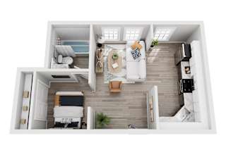 A top-down view of a modern, open-plan living space with a kitchen, dining area, and a bedroom.