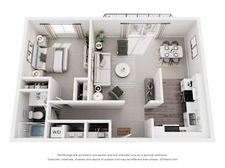 A 3D floor plan of a small apartment with a kitchen, living room, and bathroom.