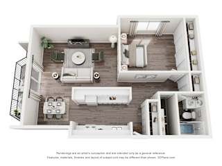 A 3D floor plan of a house with a kitchen, living room, and bathroom.