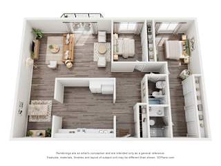 A 3D floor plan of a house with a living room, kitchen, and two bedrooms.