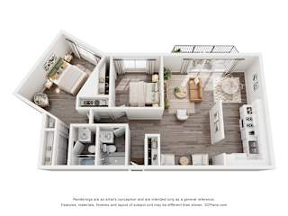 A 3D floor plan of a house with a kitchen, living room, and two bedrooms.