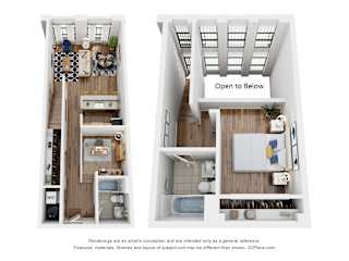 A 3D floor plan of an apartment with a kitchen, living room, and bathroom.
