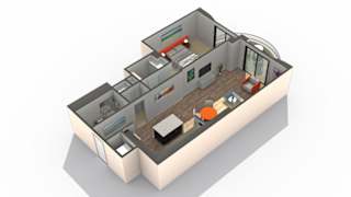 A 3D rendered image of an apartment layout.