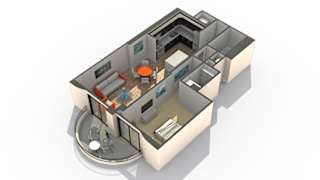 A 3D floor plan of an apartment with a living room, kitchen, and bathroom.