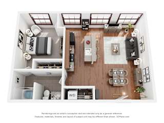 A 3D floor plan of a house with a kitchen, living room, and bathroom.