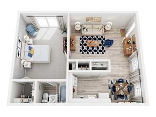 A top-down view of a modern, minimalist apartment with a kitchen, living room, and bathroom.