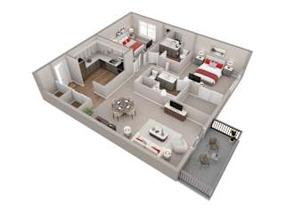 A 3D rendered image of a house layout.