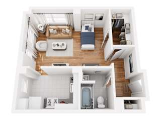 A top down view of a small apartment with a kitchen, living room, and bathroom.