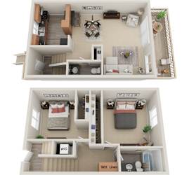 A floor plan of a two-bedroom apartment with a living room, kitchen, and bathroom.